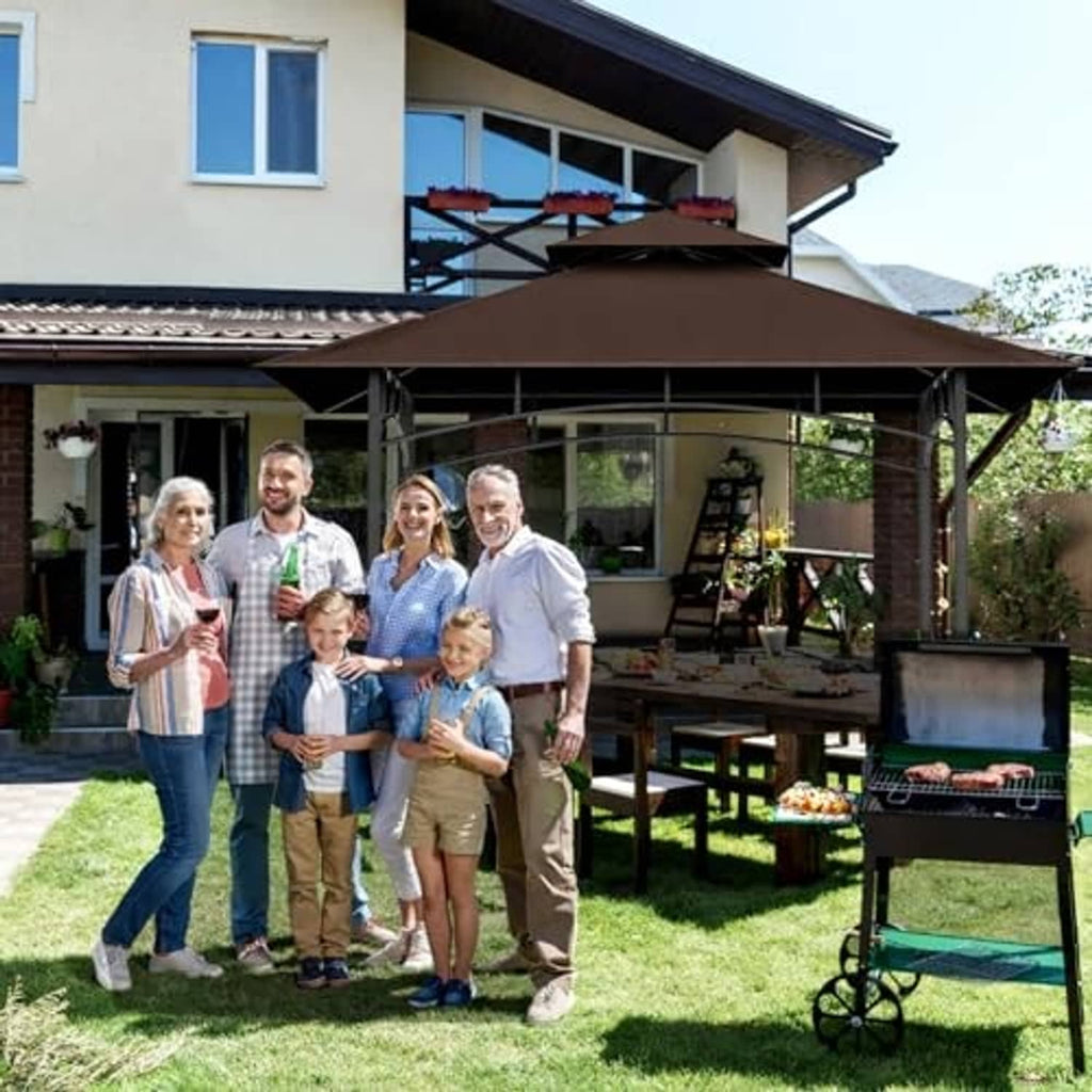 Brown gazebo replacement canopy top over outdoor grill area with metal posts