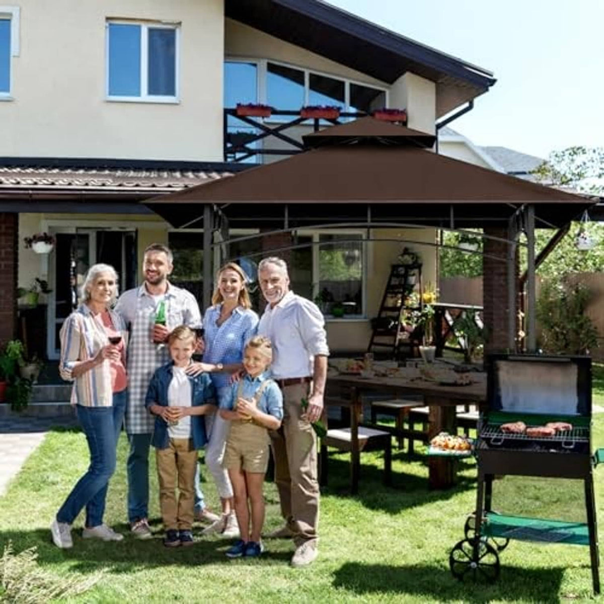 Brown gazebo replacement canopy top over outdoor grill area with metal posts