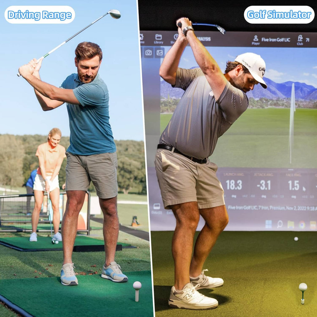 Rubber golf tees on a driving mat with a golf ball and club