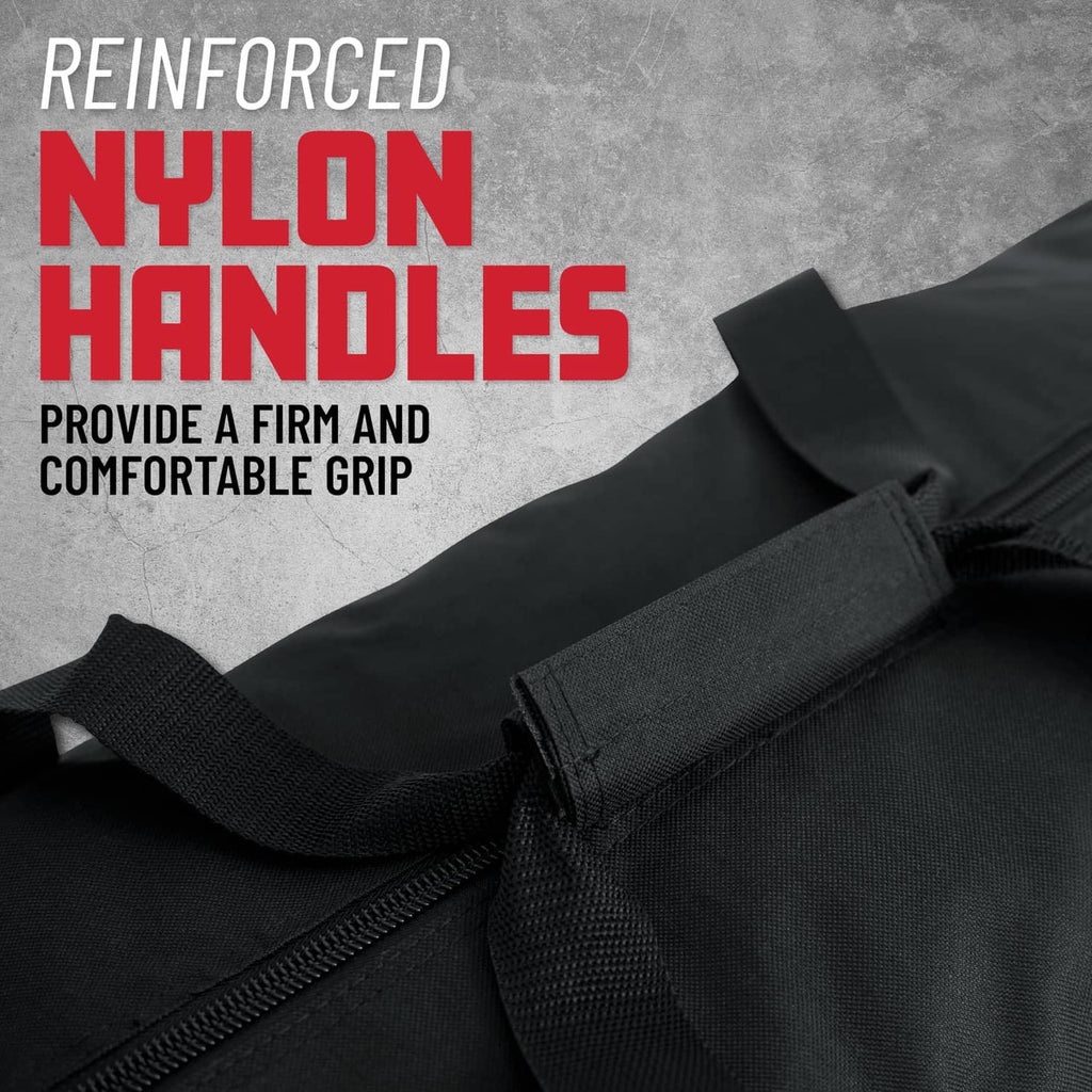 Black reinforced nylon carry bag with sturdy handles and grippy strap wrap