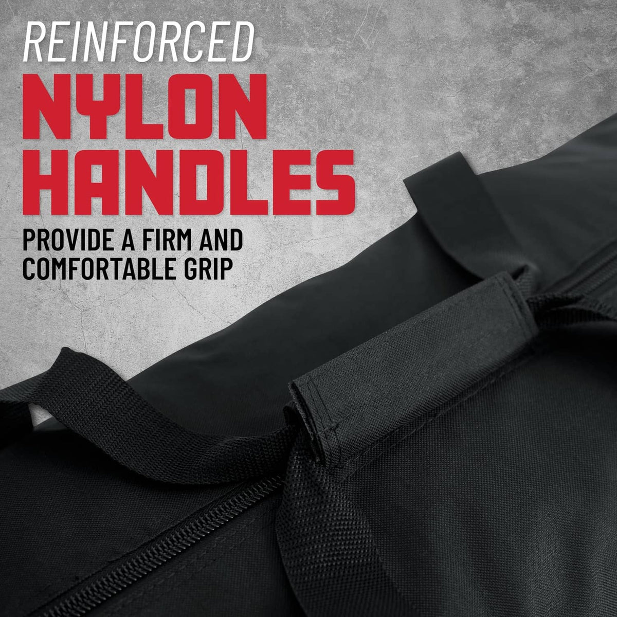 Black reinforced nylon carry bag with sturdy handles and grippy strap wrap
