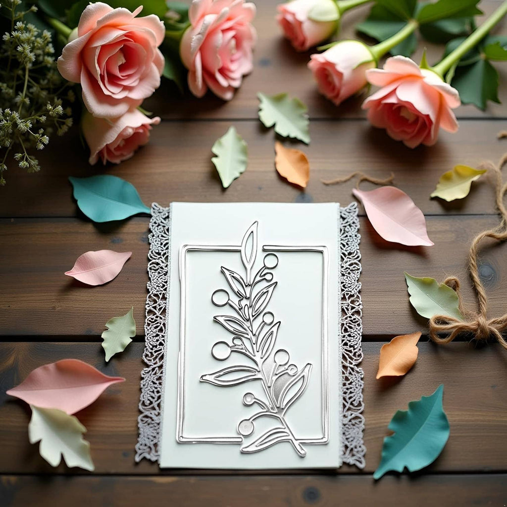 Floral tree branch metal cutting die on lace mat with paper flower petals