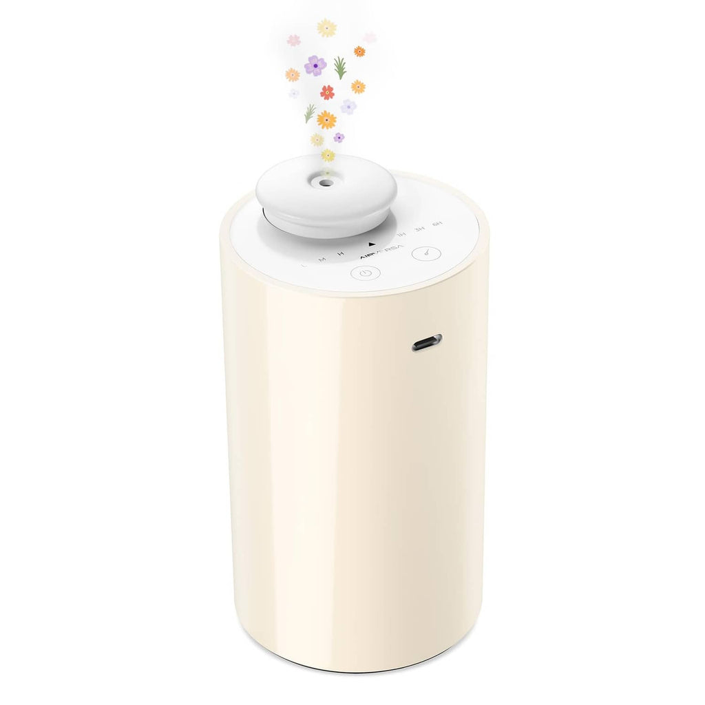White cylindrical waterless essential oil diffuser with mist nozzle on top
