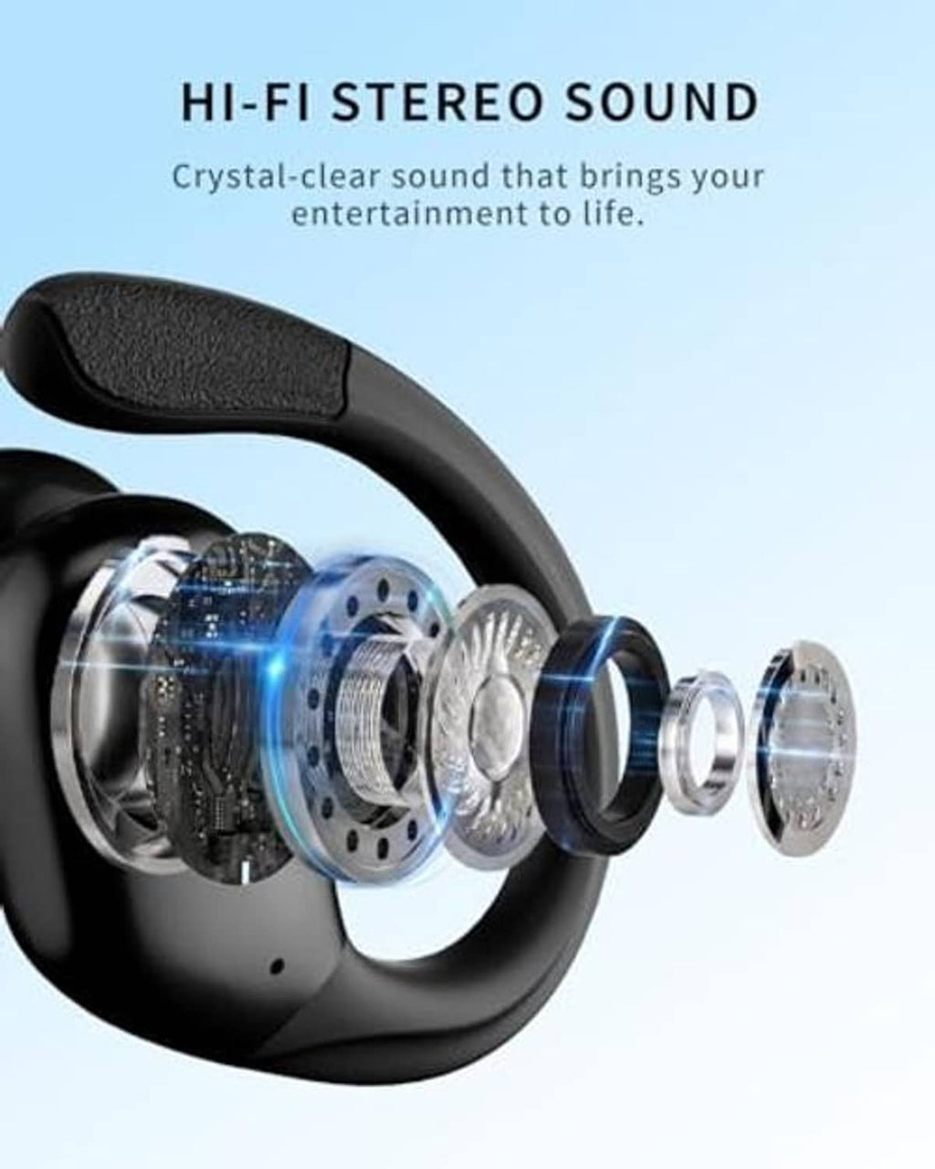 Black wireless earbuds with detailed driver design and inner sound channels