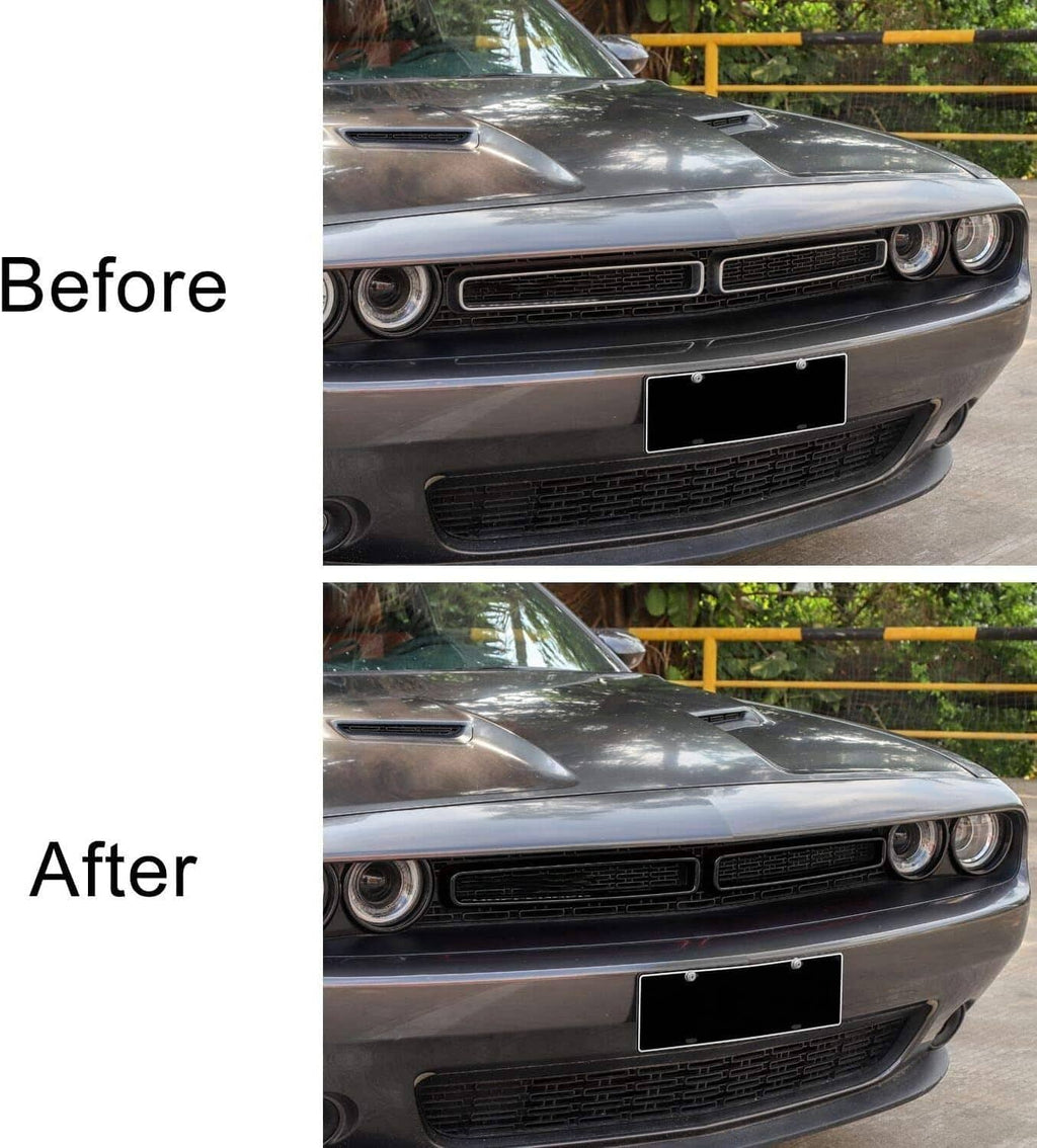 Front grille insert trim installed on car front, black frames over grille openings