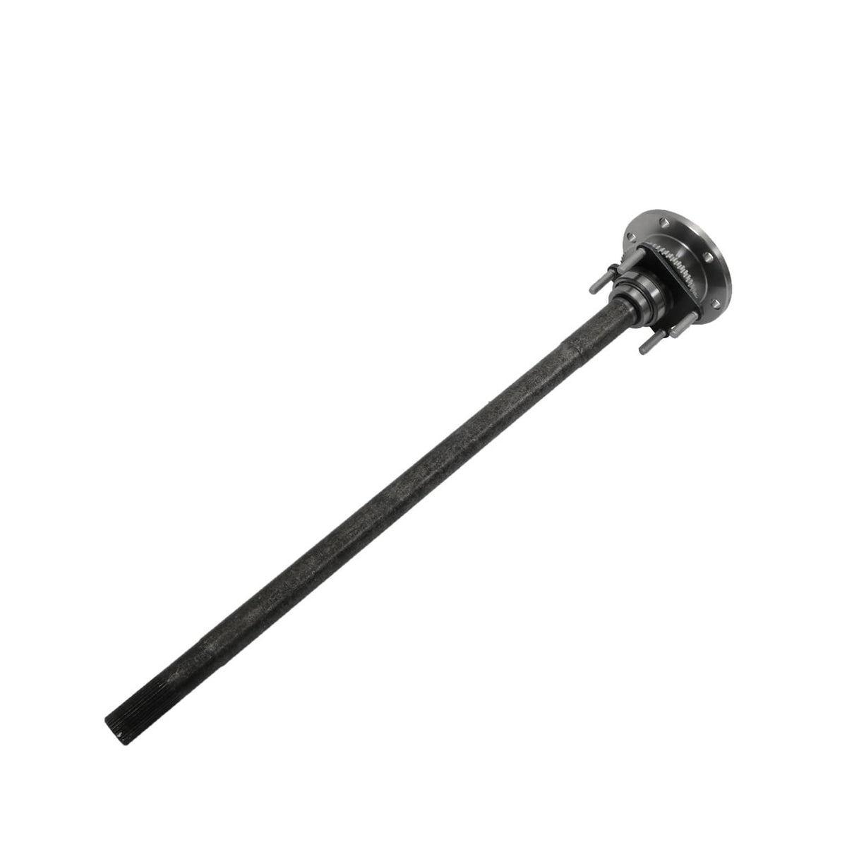 Rear axle shaft with bearing hub, long dark metal shaft with flange mount