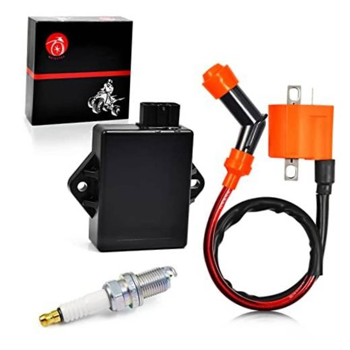 CDI ignition coil module kit with orange wires and spark plug