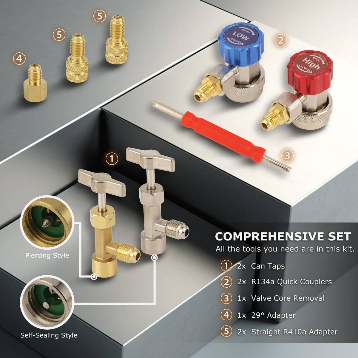 Manifold gauge set with color-coded quick couplers, valve core remover tool, and caps