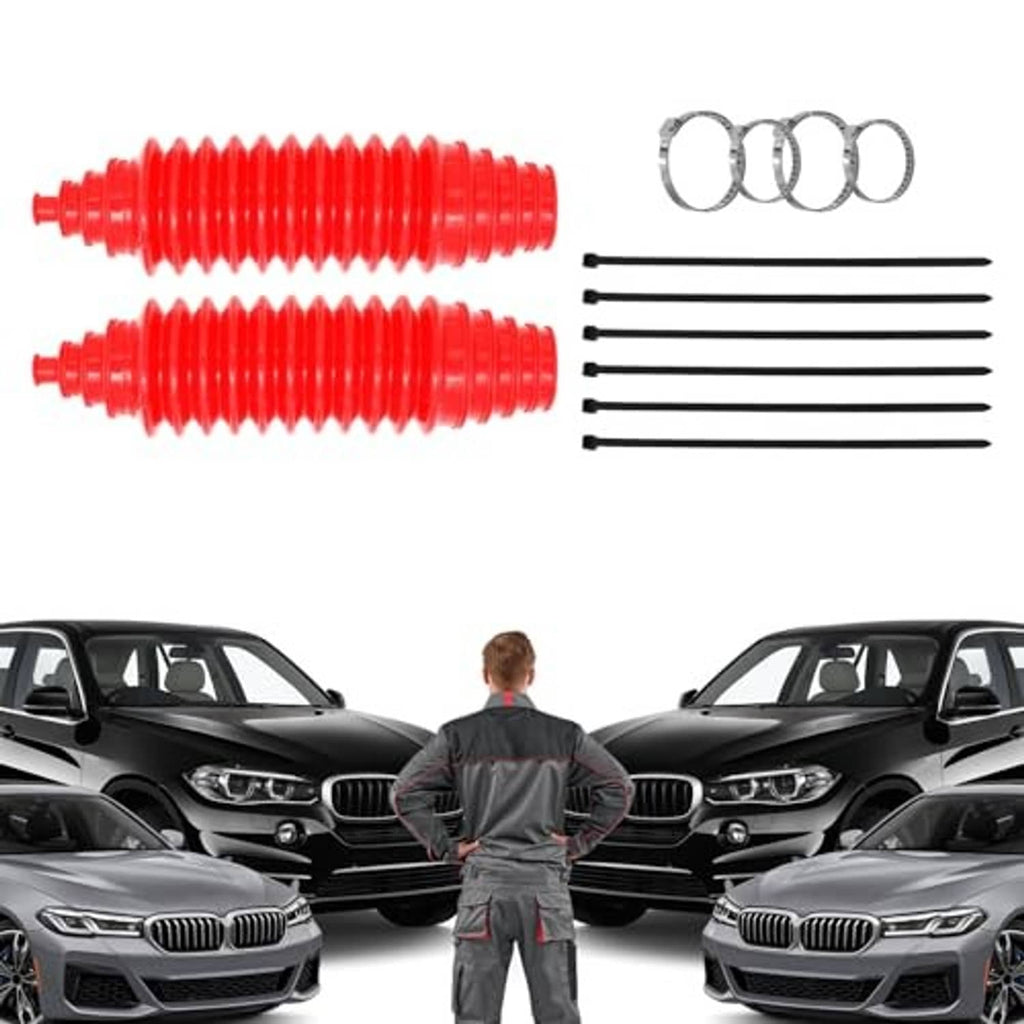 Universal steering rack boot kit includes two red bellows, clamps, and installation straps