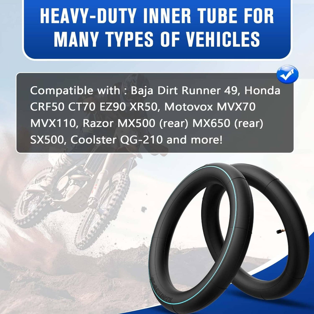 Black inner tube pair with blue stripe along the sidewalls and brass valve stems