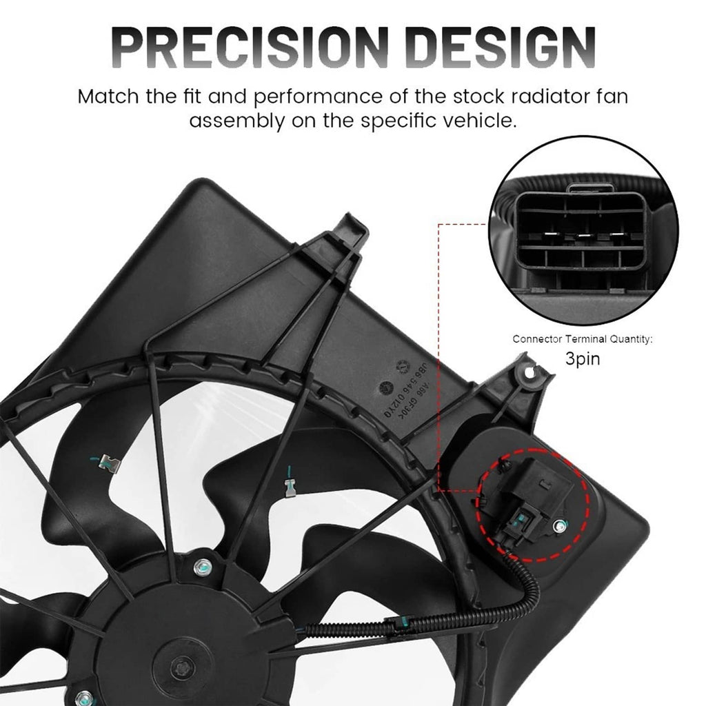 Radiator cooling fan assembly with 3-pin electrical connector and black fan shroud