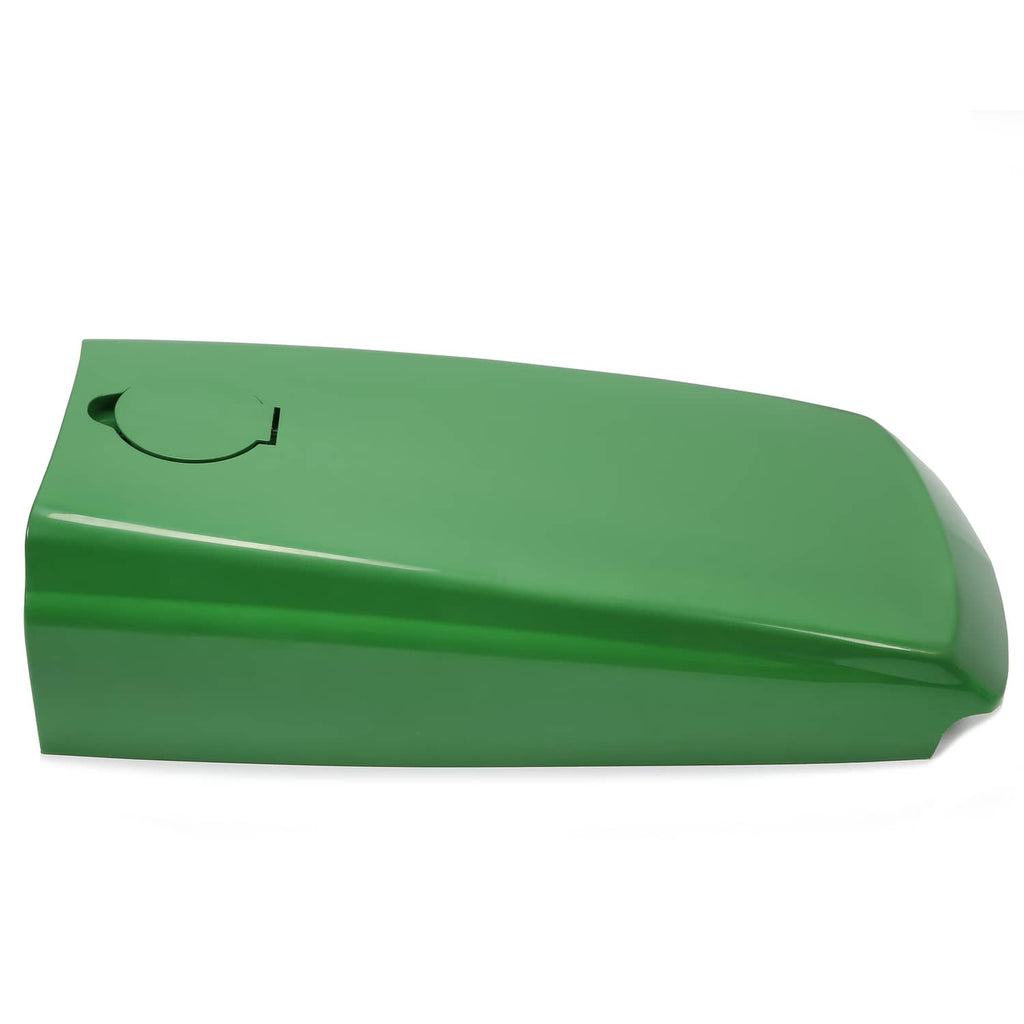 Green tractor upper hood, side profile view with circular fuel door cutout