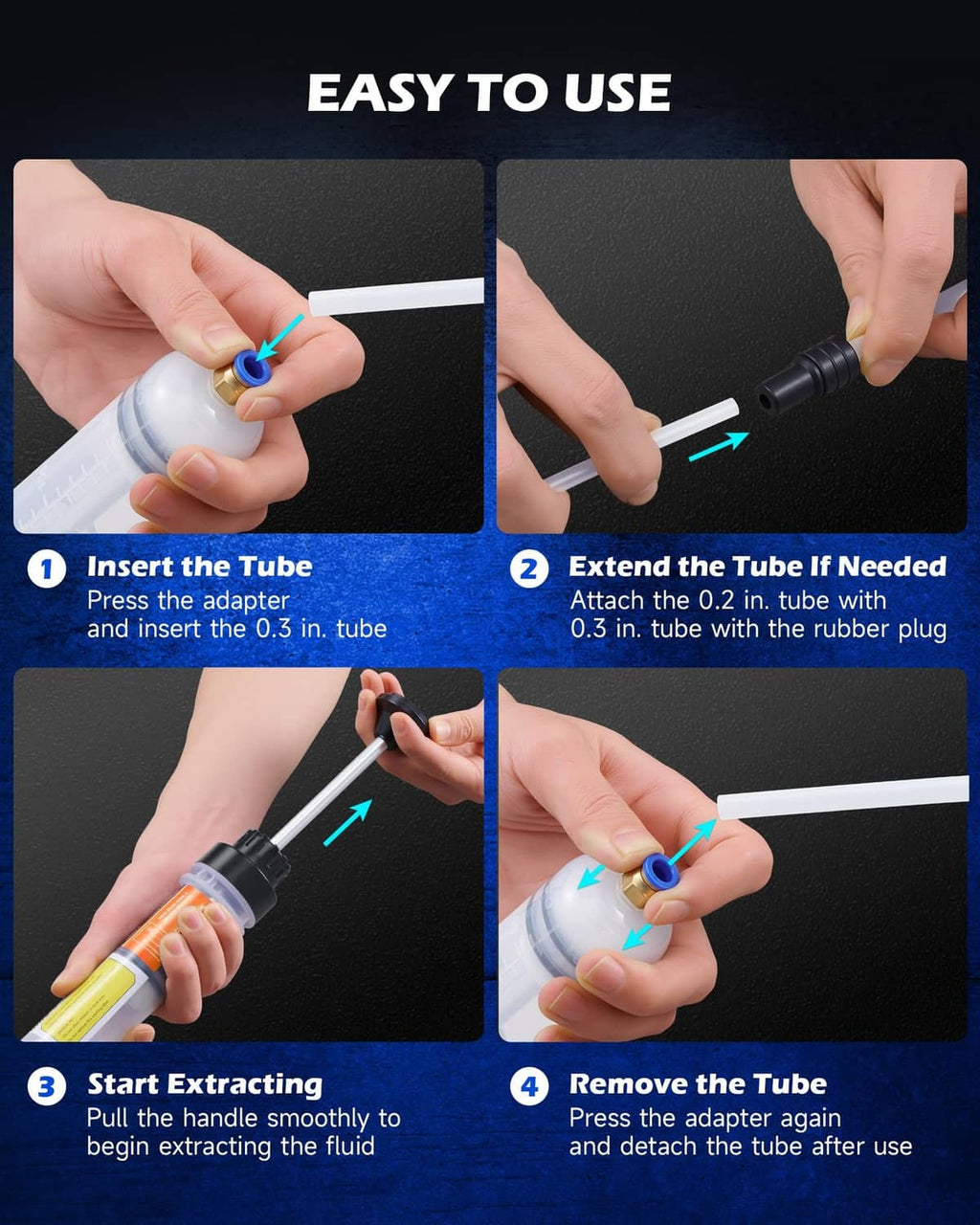 Manual fluid extractor and filler syringe with removable tube attachment and black tip