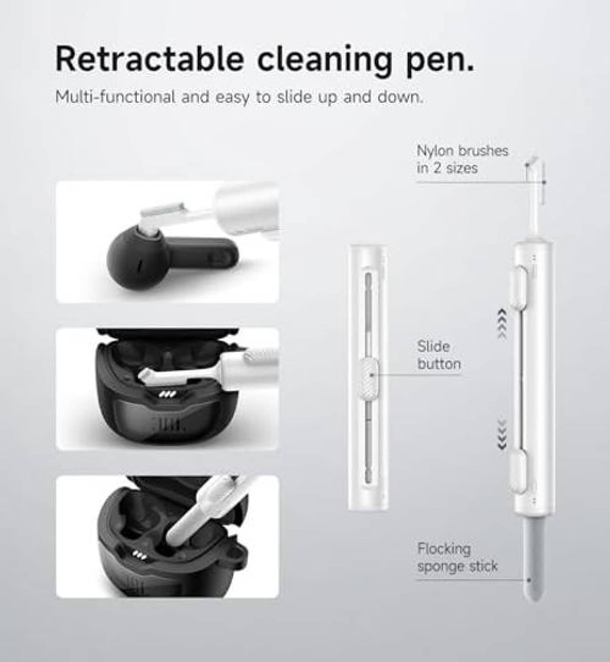 Retractable cleaning pen accessory with nylon brush and foam sponge tips
