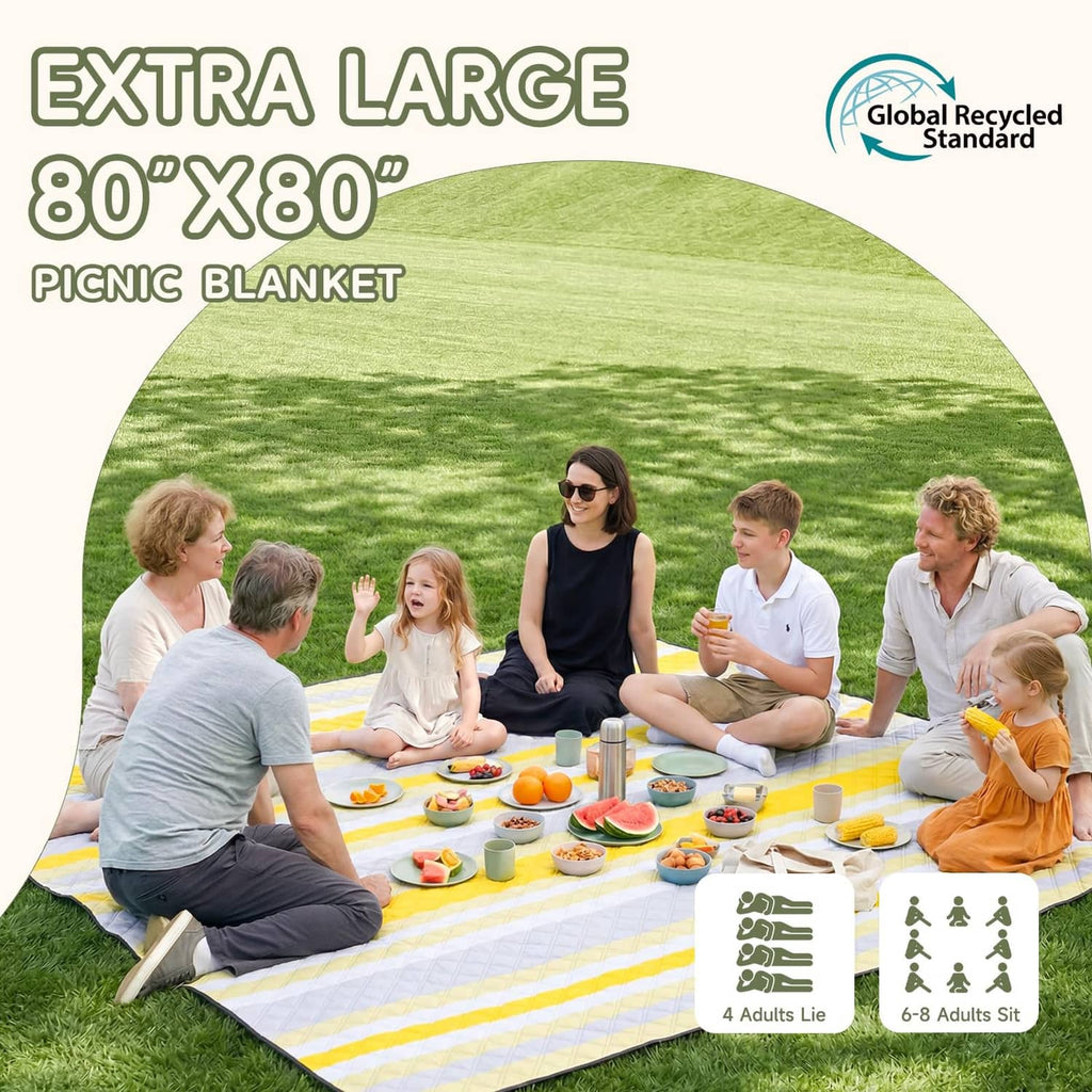Yellow and white striped picnic blanket spread outdoors with black edge