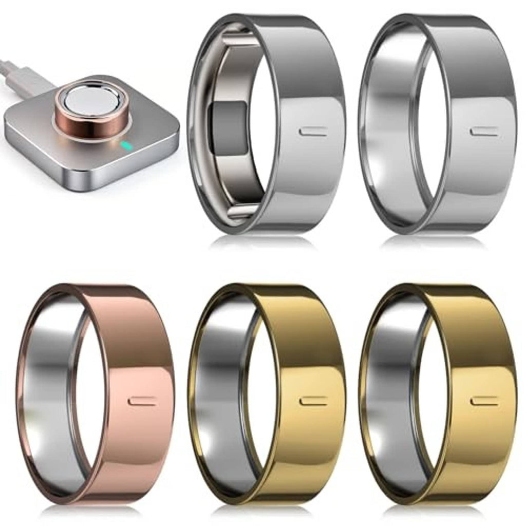 Ring cover set in silver, gold, and rose-gold shown with charging base