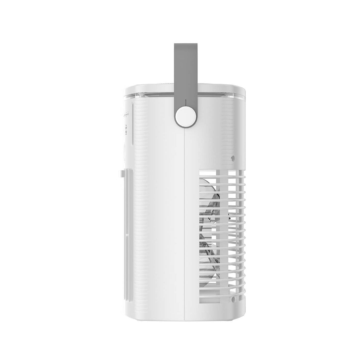Portable air cooler side view with top handle and vertical air outlet, white