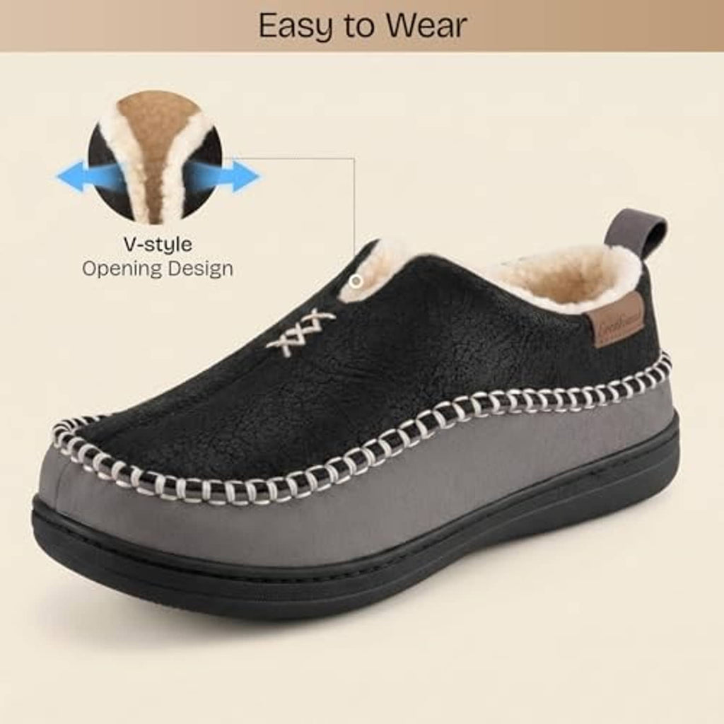 Men's black moccasin slippers with V-style opening, plush lining and chain trim