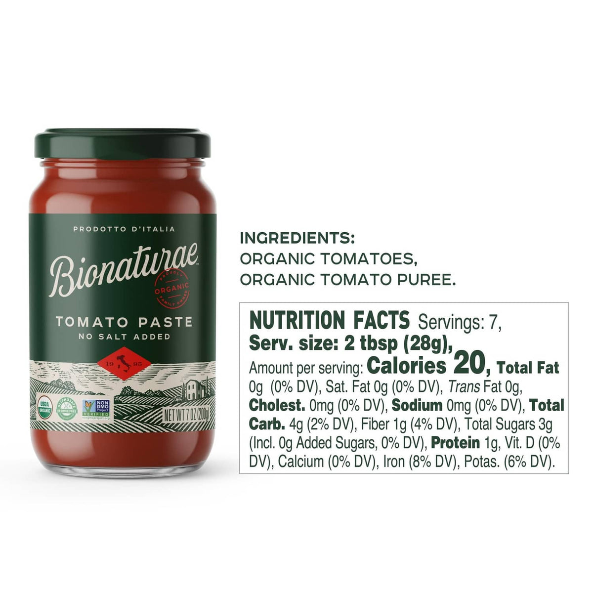Tomato paste jar with green cap and label showing no salt added