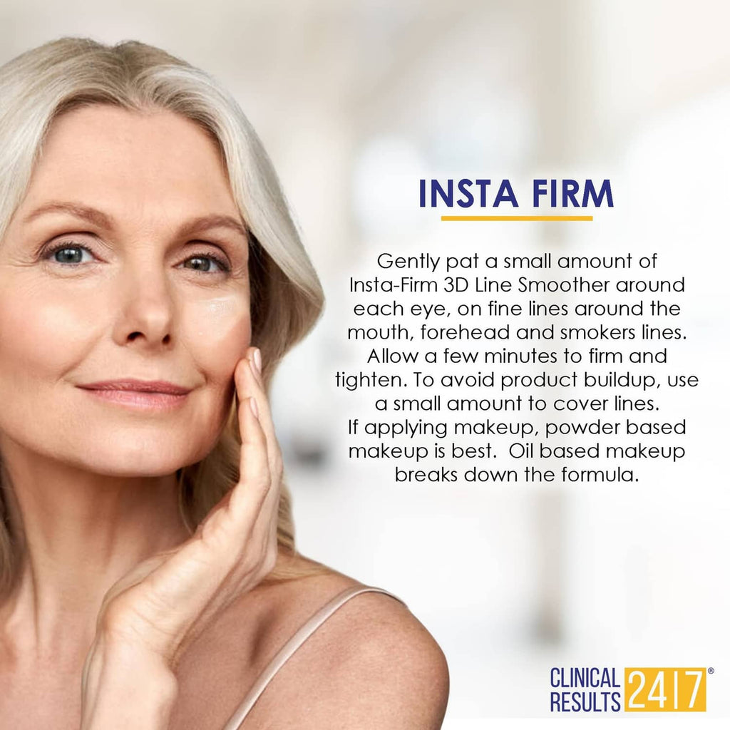Insta Firm 3D line smoother use on face illustration with clinical results 24/7 badge