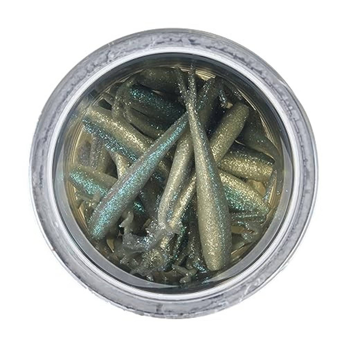 Soft plastic minnow bait in a round jar, iridescent green and blue