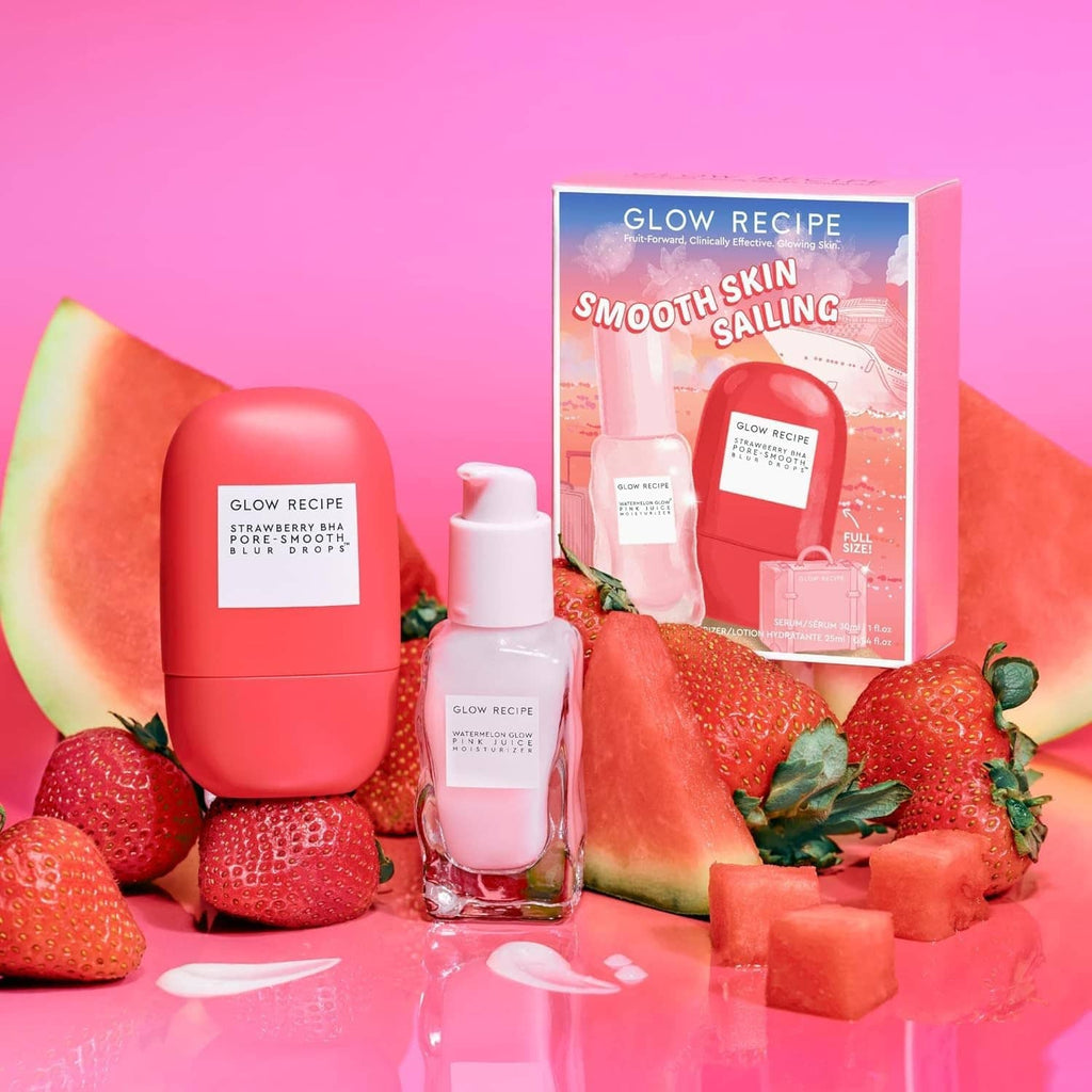 Glow Recipe blur drops duo set with pink and red bottles arranged on a pink scene