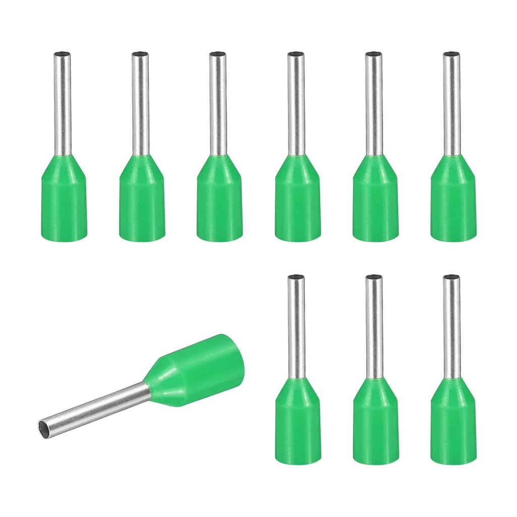 Green wire ferrule crimp connectors with silver metal sleeves, multiple pieces