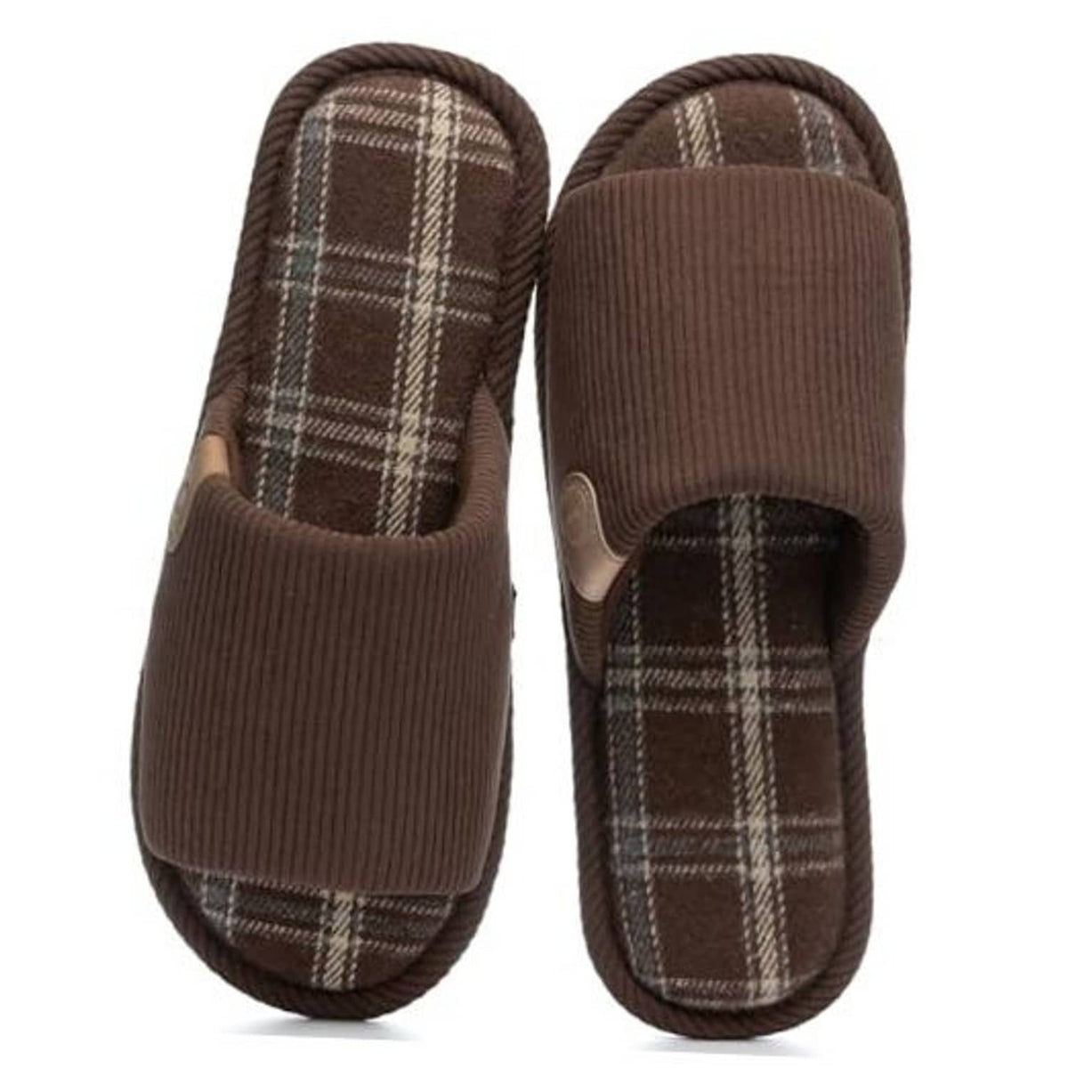 Brown corduroy slip-on slippers with plaid fabric lining and round toe openings