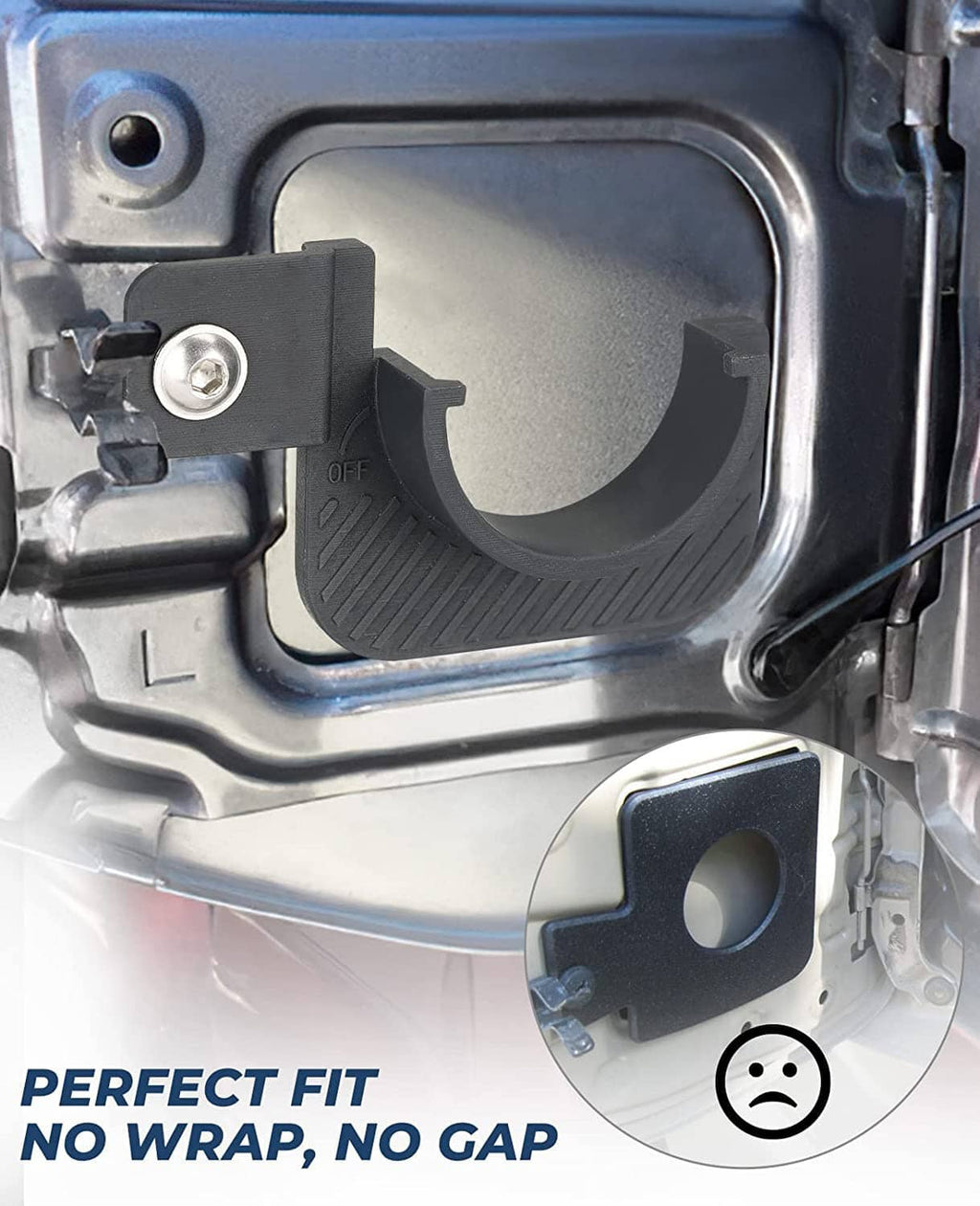 Black gas cap holder trim fitting around fuel tank door opening