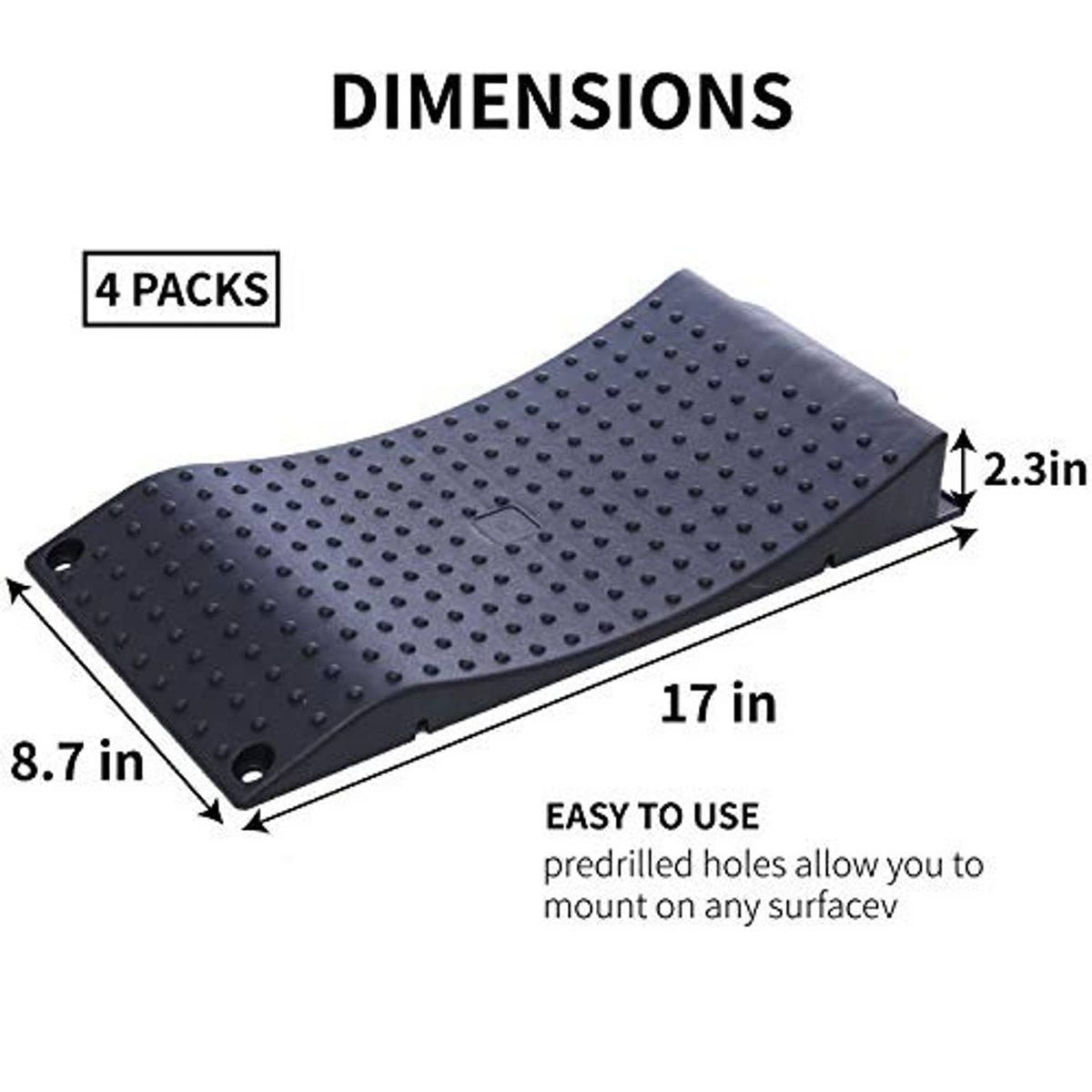 Car tire wheel ramp pad, black anti-slip rubber with dot tread and mounting holes