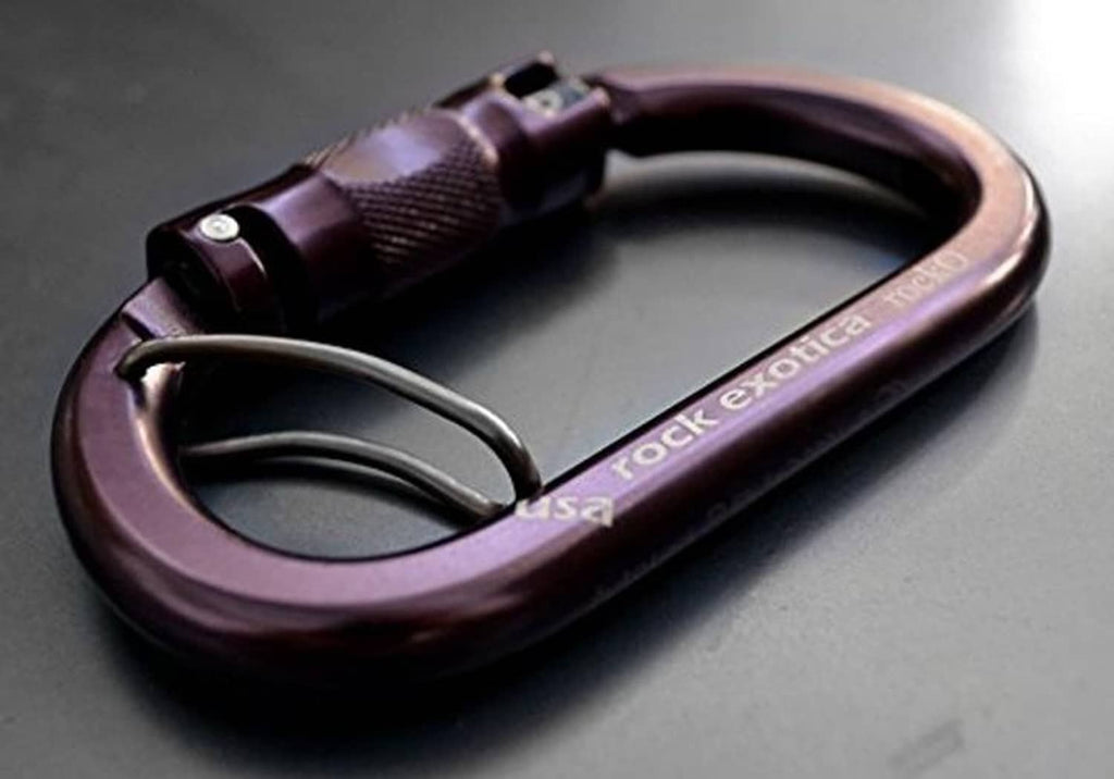 Heavy duty carabiner with locking sleeve and curved gate, dark purple finish with marking.