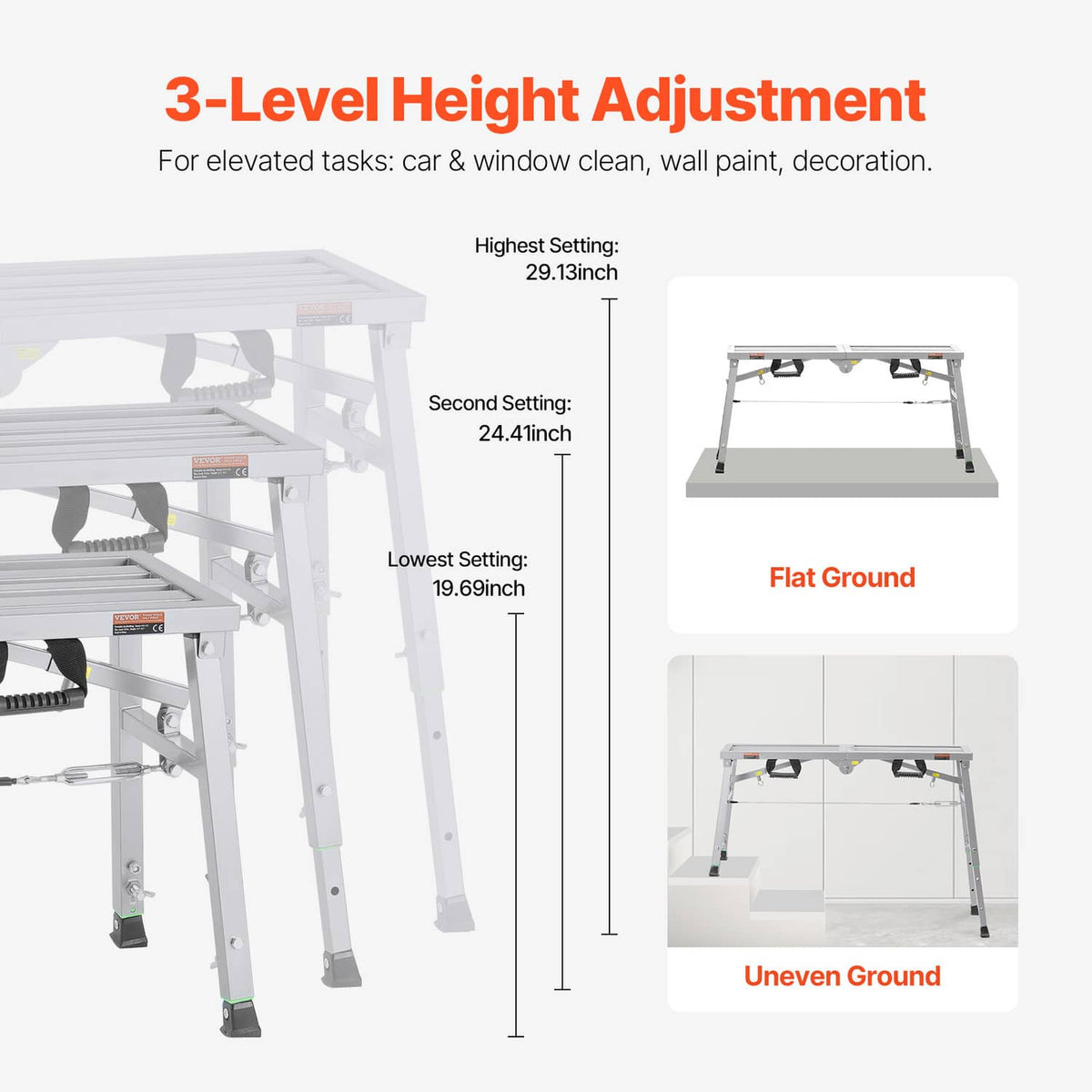 3-level height adjustable scaffolding platform legs for flat or uneven surfaces