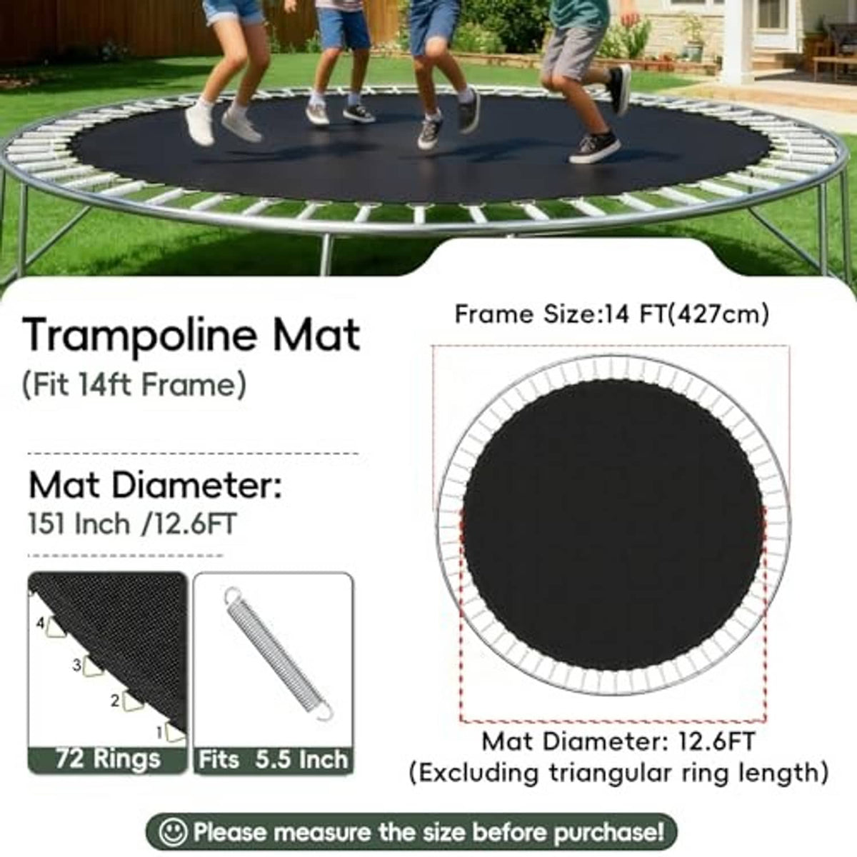 Round black trampoline mat, 12.6 ft diameter, 72 rings, fits 14 ft frame