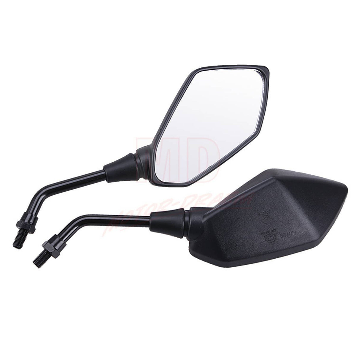 Motorcycle rearview side mirror pair with clamp, black housing and clear rectangular lenses