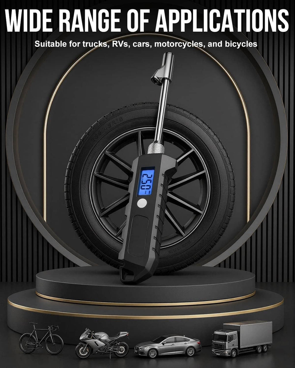 Black digital tire pressure gauge on a stand with metal chuck and blue LCD