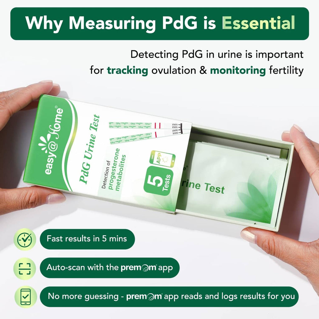 Opened green PdG urine test kit with exposed test strip and tray