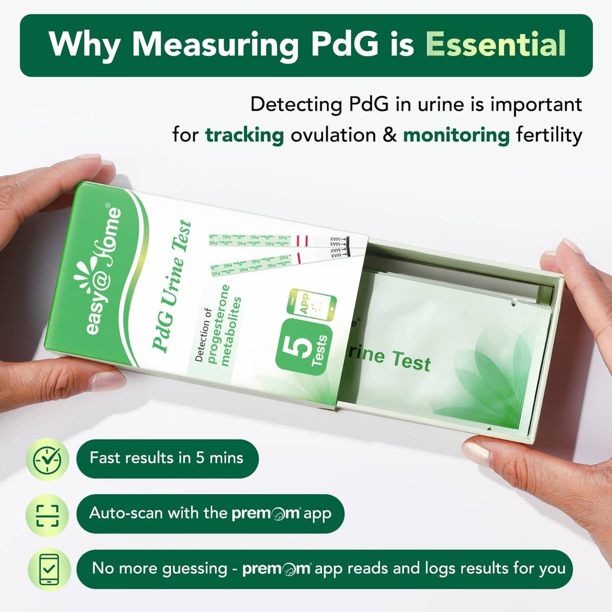 Opened green PdG urine test kit with exposed test strip and tray