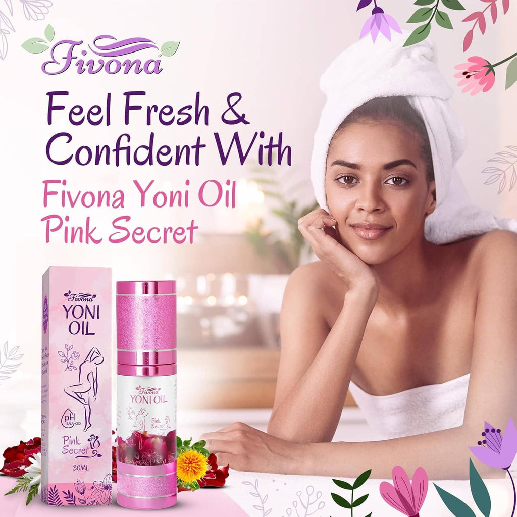 Towel-wrapped woman holding a pink feminine care oil bottle with pink secret themed packaging