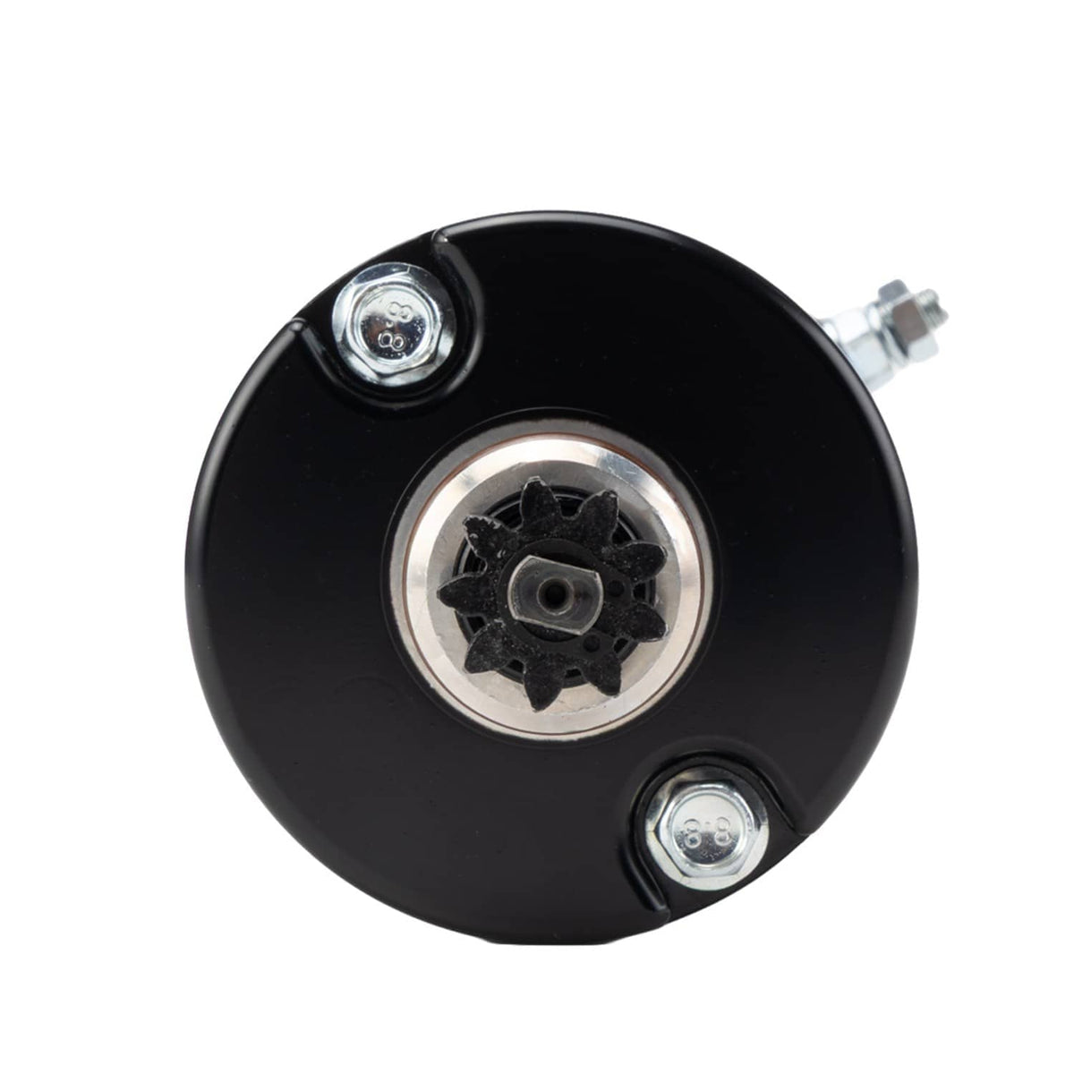 Black starter motor front face with circular drive hub and four mounting screws