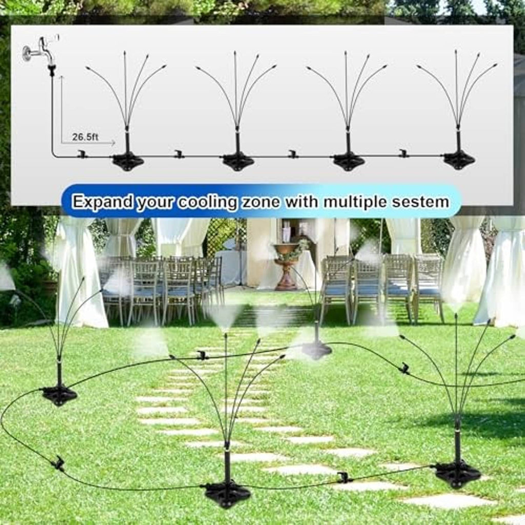 Multiple standing misting towers forming a multi-spray cooling zone across lawn