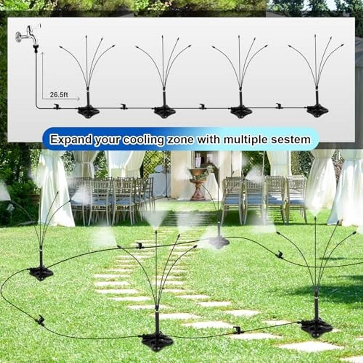 Multiple standing misting towers forming a multi-spray cooling zone across lawn