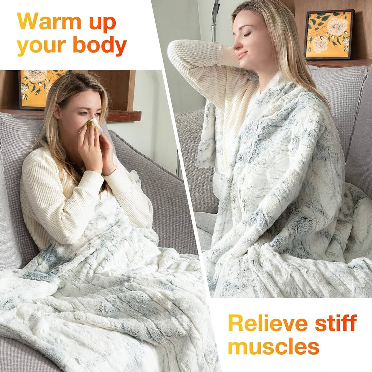 Woman wrapped in light blue and white faux fur heated throw blanket