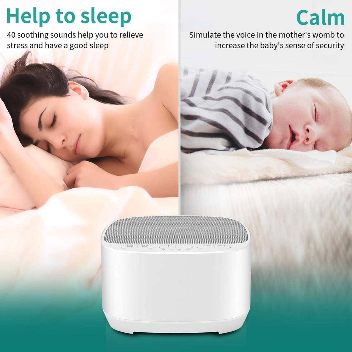 White sleep sound machine with top grille and front control panel