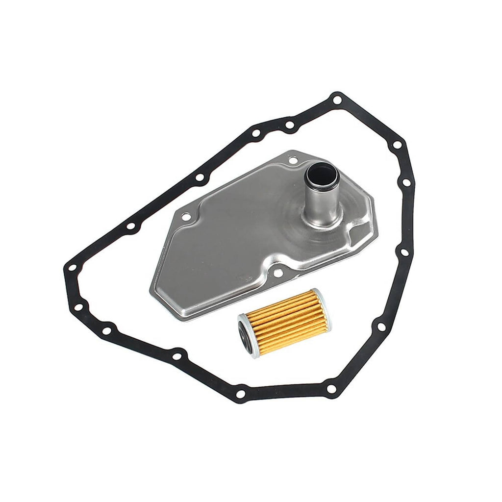 Transmission oil filter kit with metal housing, orange filter element, and pan gasket