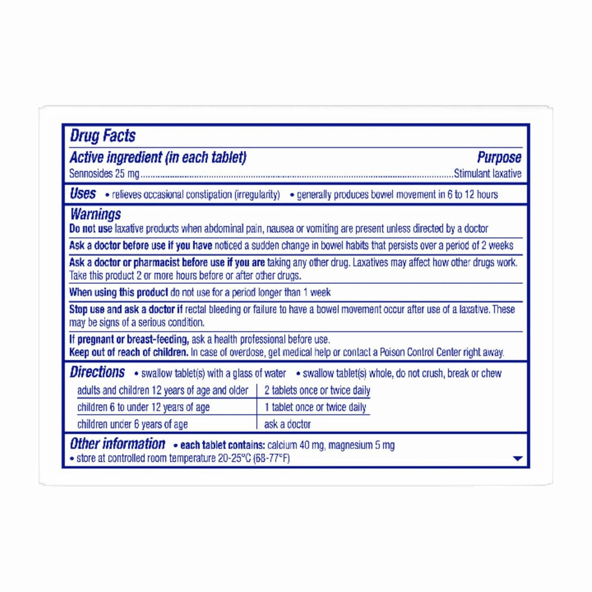 Ex-Lax drug facts label panel with active ingredient and directions table