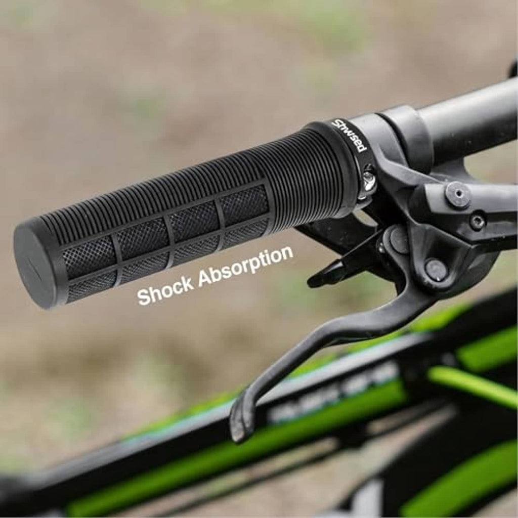 Black lock-on bicycle handlebar grip pair, ribbed shock-absorbing texture