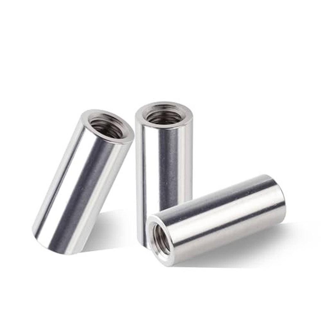 Two round stainless steel coupling nuts, one angled view of female threaded end