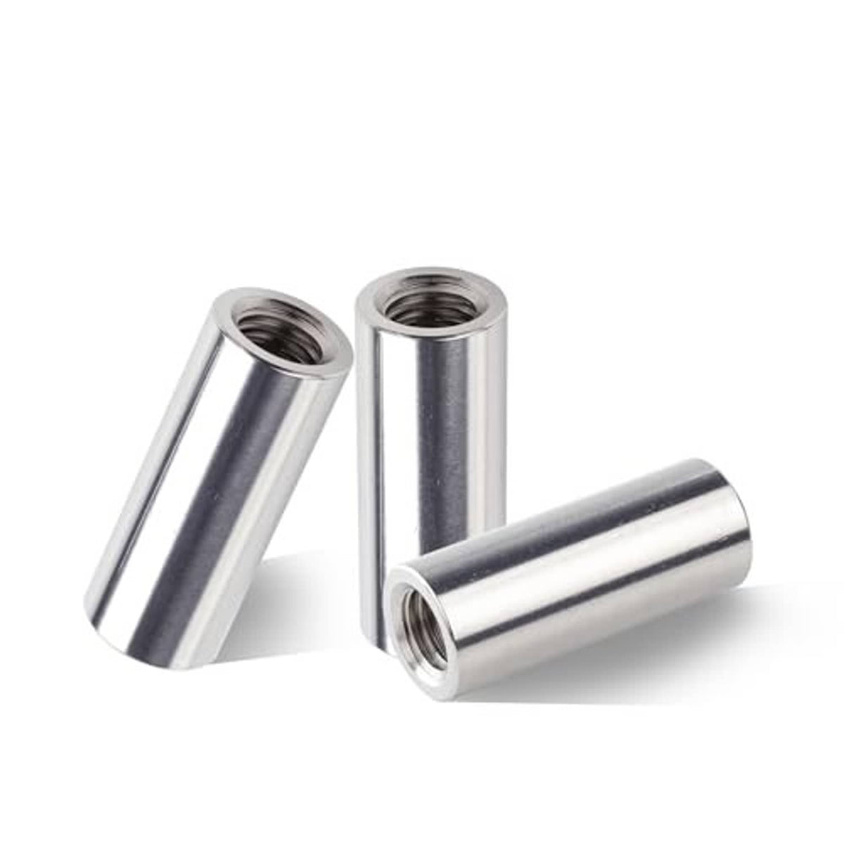 Two round stainless steel coupling nuts, one angled view of female threaded end