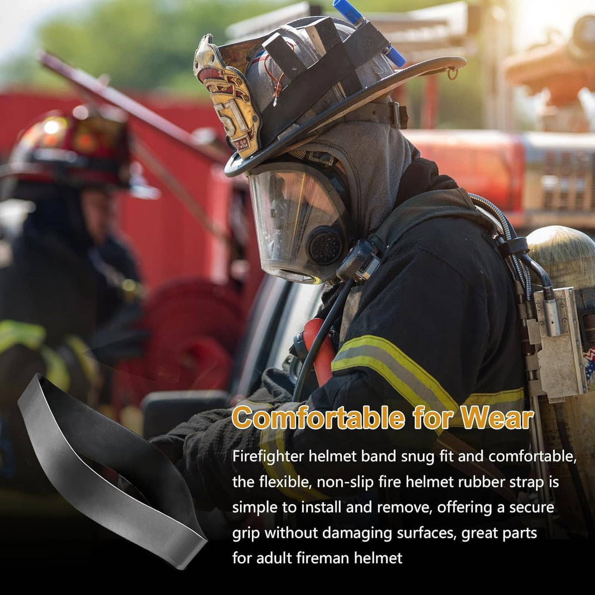 Black firefighter helmet rubber strap band, snug fit around the helmet