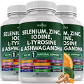 Three Selenium, zinc, iodine supplement bottles with front green ingredient labels